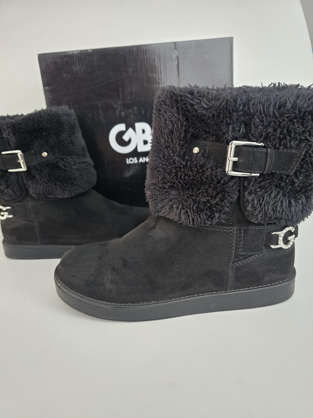 GBG Los Angeles Black Faux Fur Cuff Suede Ankle Boots